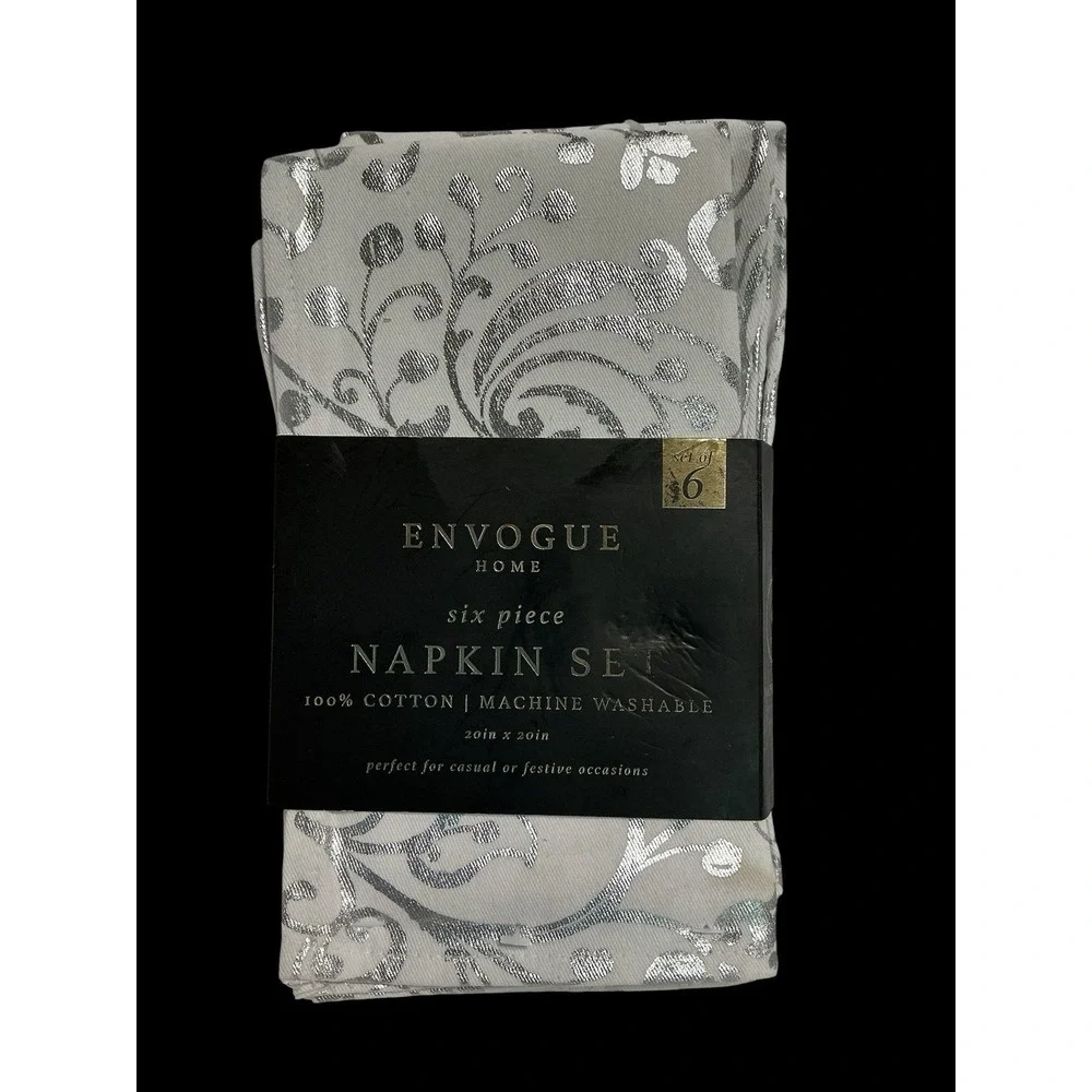 ENVOGUE HOME NAPKIN SET (6) White & Silver 100%  COTTON - NIP 20